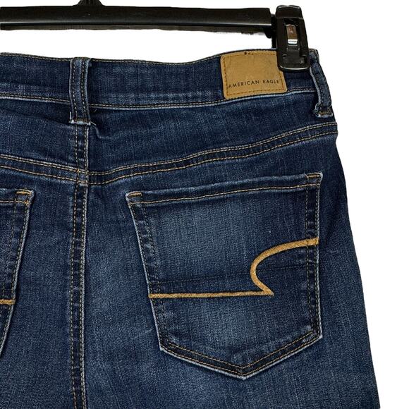 American Eagle SZ 8 Hi-Rise Shortie Jean Shorts Stretch Frayed Hems Whiskered - Picture 4 of 8